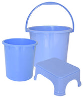 Kuber Industries 3 Pieces Plastic Bucket, Dustbin & Stool Set (Blue)